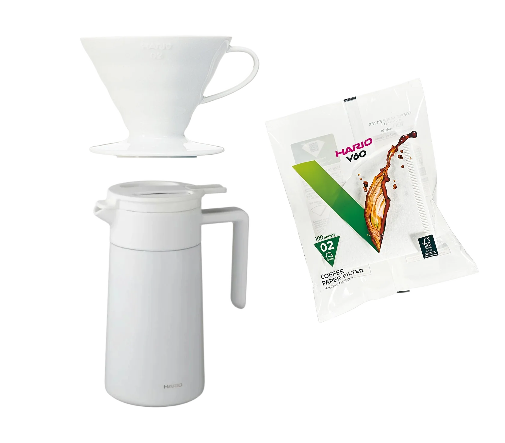 Hario V60 hvit termokanne og keramikk brygger i komplett sett